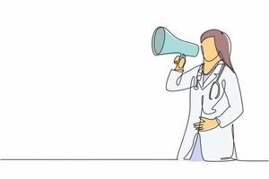 Single continuous line drawing of young female doctor announced important information to the patient using loudspeaker megaphone. Medical health worker concept one line draw design vector illustration