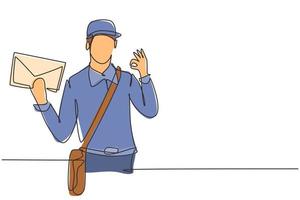 Continuous one line drawing postman wearing hat, sling bag, and uniform with gesture okay holds envelope to delivered to home address. Success job. Single line draw design vector graphic illustration