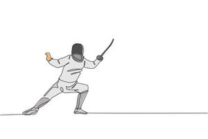 One continuous line drawing of young man fencing athlete practice fighting on professional sport arena. Fencing costume and holding sword concept. Dynamic single line draw design vector illustration