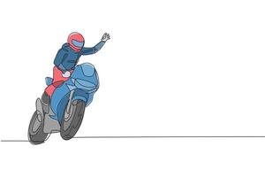 un dibujo de línea continua de un joven corredor de motos agita su mano a los espectadores. Ilustración de vector gráfico de concepto de carreras de súper bicicleta. diseño dinámico de dibujo de una sola línea para el cartel de promoción de carreras de motos