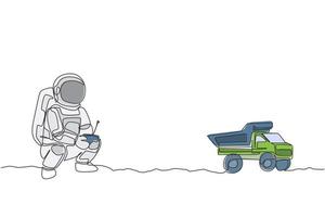 One single line drawing of astronaut playing dump truck radio control in moon land graphic vector illustration. Doing hobby while leisure time in deep space concept. Modern continuous line draw design