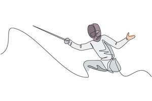 One single line drawing of young woman fencer athlete in fencing costume exercising motion on sport arena vector illustration. Combative and fighting sport concept. Modern continuous line draw design