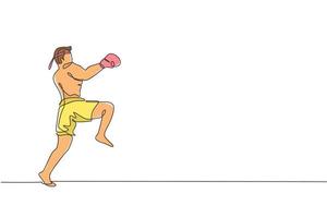 un dibujo de línea continua del joven boxeador muay thai deportivo preparándose para pelear, patada de postura en box arena. concepto de juego de deporte de lucha. Ilustración de vector gráfico de diseño de dibujo de línea única dinámica