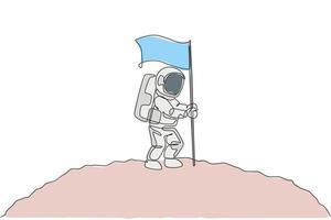 One single line drawing of space man astronaut exploring cosmic galaxy, and planting flag on moon surface vector illustration. Fantasy outer space life fiction concept. Continuous line draw design