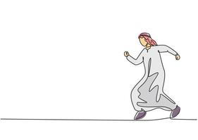 Continuous one line drawing young Arab male worker walking on the street to go to his office. Business time discipline metaphor concept.  Single line draw design vector graphic illustration.