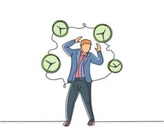 Single continuous line drawing young stressful business man surrounded by flying analog clocks. Minimalism metaphor business deadline concept. Dynamic one line draw graphic design vector illustration