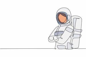 Continuous one line drawing of young female astronaut in space suit pose cross arms on chest. Professional job profession minimalist concept. Single line draw design vector graphic illustration