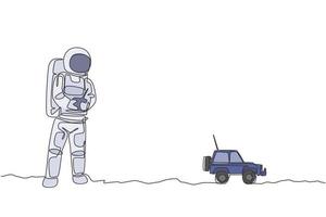 One single line drawing of astronaut playing car radio control in moon land vector graphic illustration. Doing hobby while leisure time in deep space concept. Modern continuous line draw design