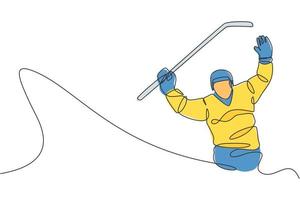 One single line drawing of young ice hockey player celebrate a goal at competitive game on ice rink stadium vector illustration graphic. Sport tournament concept. Modern continuous line draw design