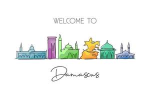 One continuous line drawing of Damascus city skyline, Syria. Beautiful city landmark. World landscape tourism and travel vacation. Editable stylish stroke single line draw design vector illustration