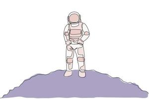 One continuous line drawing of young spaceman on spacesuit put hands in pockets in moon surface. Astronaut business office with deep space concept. Dynamic single line draw design vector illustration