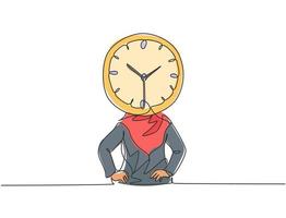 Single continuous line drawing young Arab business woman with analog clock head at the office. Business time discipline metaphor concept. Dynamic one line draw graphic design vector illustration.