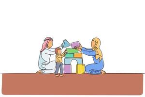 Single continuous line drawing of young Arabian couple playing brick foam puzzle house with their son. Islamic muslim family care, parenthood concept. Trendy one line draw design vector illustration