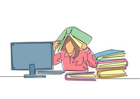 One single line drawing of young depression female employee sitting in front of computer and stack of papers and covered her head with folder. Worker concept continuous line draw design illustration vector