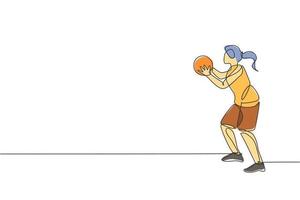 dibujo de una sola línea continua joven jugadora de baloncesto lanza una pelota. concepto de deporte competitivo. ilustración de vector gráfico de diseño de dibujo de una línea de moda para medios de promoción de torneos de baloncesto