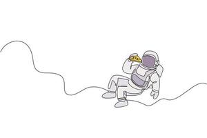 Single continuous line drawing spaceman relaxing and eating spicy delicious Italian pizza in nebula galaxy. Fantasy fiction outer space life concept. One line draw design vector illustration graphic