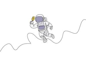 Single continuous line drawing of spaceman flying relax while eating popsicle ice cream in nebula galaxy. Fantasy fiction of outer space life concept. Trendy one line draw design vector illustration