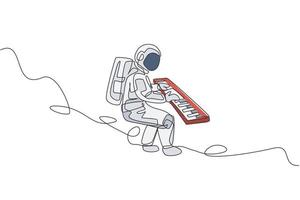 un dibujo de una sola línea de astronauta tocando un instrumento musical de teclado en la ilustración de vector gráfico de espacio profundo. cartel de concierto de música con concepto de astronauta espacial. diseño moderno de dibujo de línea continua