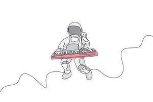 Single continuous line drawing of astronaut keyboardist playing keyboard musical instrument in cosmic galaxy. Deep space music concert concept. Trendy one line draw graphic design vector illustration