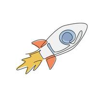 Single continuous line drawing of rocket launch flying in outer space logo label. Future transportation company icon label concept. Modern one line draw graphic design vector illustration