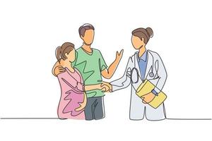 One line drawing of obstetrician and gynecologist doctor handshake and congratulate a happy young couple about the pregnancy. Medical check up concept. One line drawing vector illustration