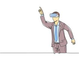 One continuous line drawing of young happy businessman pretending to touch button while wearing virtual reality helmet. Modern futuristic video game concept single line draw design vector illustration