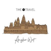 Single continuous line drawing Angkor Wat Temples landmark. Famous place in Siem Reap, Cambodia. World travel tour home art wall decor poster print. Modern one line draw design vector illustration