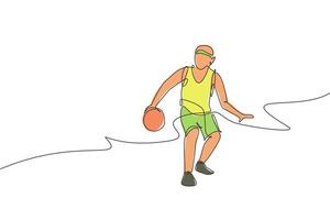 un dibujo de línea continua del entrenamiento de un joven jugador de baloncesto en el campo de la cancha. concepto de deporte de equipo. Ilustración de vector gráfico de diseño de dibujo de línea única dinámica para póster y pancarta de competición deportiva