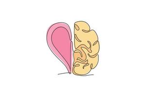 un dibujo de línea continua de la mitad del cerebro humano, la mitad del amor, el icono del logotipo en forma de corazón. concepto de plantilla de símbolo de logotipo de afecto psicológico. Ilustración de vector gráfico de diseño de dibujo de línea única de moda