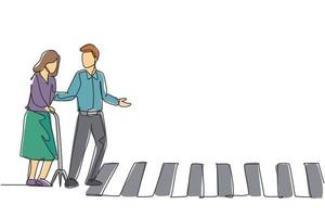 Continuous one line drawing a young man helps an old grandmother who uses a cane to cross the road on the zebra crossing. Good attitude on the road. Single line draw design vector graphic illustration