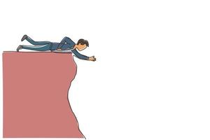 Single continuous line drawing young business man lay down on edge cliff to reach his partner. business teamwork metaphor concept. Minimalism dynamic one line draw. Graphic design vector illustration