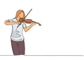 One continuous line drawing of young happy female violinist performing to play violin on music festival concert. Musician artist performance concept single line draw design graphic vector illustration