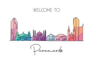 Single continuous line drawing Paramaribo skyline, Suriname. Famous city scraper landscape postcard. World travel destination concept. Editable stroke modern one line draw design vector illustration