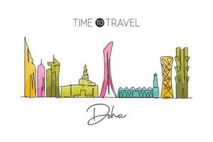 One single line drawing of Doha city skyline, Qatar. Historical town landscape in the world. Best holiday destination. Editable stroke trendy continuous line draw design vector graphic illustration