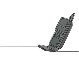 One single line drawing of old retro flip cellular phone. Vintage classic mobile phone to communicate concept continuous line graphic draw design vector illustration