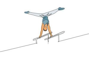 One single line drawing of young handsome gymnast man exercising parallel bars vector graphic illustration. Healthy lifestyle and athletic sport concept. Modern continuous line draw design