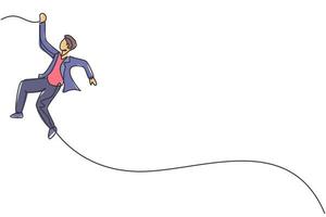 Continuous one line drawing young male worker swinging on the rope to reach up his goals. Business challenge of entrepreneur minimalist concept. Single line draw design vector graphic illustration