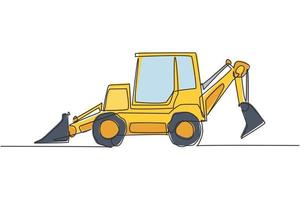 One continuous line drawing of bulldozer for digging soil and leveling the road. Heavy backhoe construction trucks equipment concept. Dynamic single line draw design graphic vector illustration