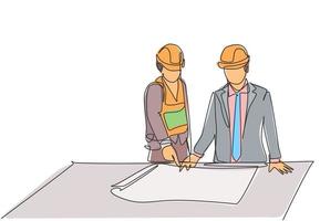 One single line drawing of young architect explaining sketch construction design to the manager. Building architecture business concept. Continuous line draw design illustration vector