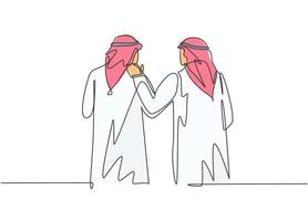 dibujo de una sola línea de jóvenes trabajadores musulmanes varones felices caminando juntos en la oficina. tela de arabia saudita shmag, kandora, pañuelo en la cabeza, thobe, ghutra. Ilustración de vector de diseño de dibujo de línea continua