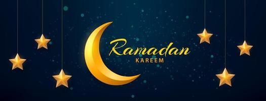 Ramadan kareem. Islamic horizontal banner with golden crescent moon and star. Ramadan month celebration background design. Vector illustration