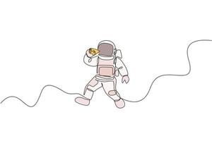 One continuous line drawing cosmonaut eating delicious fresh Italian pizza in galactic universe. Fantasy outer space astronaut life concept. Dynamic single line draw design vector graphic illustration