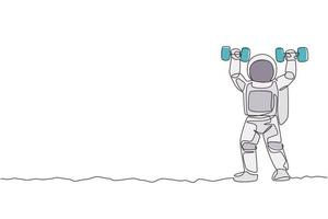 One continuous line drawing of astronaut exercising lifting dumbbell in moon cosmic galaxy. Outer space sport and lifestyle concept. Dynamic single line draw graphic design vector illustration