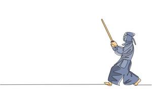 dibujo de una sola línea continua de un joven deportista que practica la habilidad de arte marcial de defensa de kendo en el centro deportivo del gimnasio. concepto de deporte de lucha. Ilustración de vector de diseño gráfico de dibujo de una línea de moda