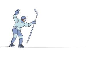 One continuous line drawing of young professional ice hockey goalie exercising to block puck shot on ice rink stadium. Health extreme sport concept. Dynamic single line draw design vector illustration