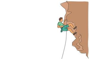 One single line drawing of young active man climbing on cliff mountain holding safety rope vector graphic illustration. Extreme outdoor sport and bouldering concept. Modern continuous line draw design