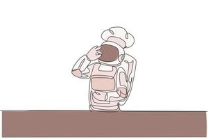 un dibujo de línea continua del joven chef astronauta dando un delicioso gesto con la mano para un plato sabroso. menú de comida de cocina saludable en concepto de restaurante. Ilustración de vector de diseño de dibujo de línea única dinámica