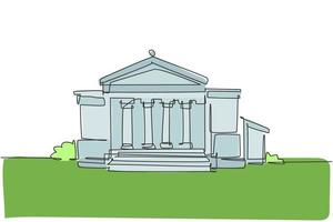 Single one line drawing classic museum construction building with pillar at front. Art gallery structure isolated doodle minimal concept. Trendy continuous line draw design graphic vector illustration