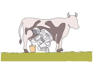 One single line drawing of astronaut squat down milking cow and put into milk can bucket in moon surface graphic vector illustration. Outer space farming concept. Modern continuous line draw design