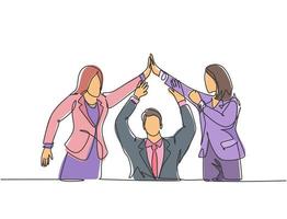 One line drawing group of two young assistant manager celebrating their successive goal with high five gesture. Business deal concept continuous line draw design vector graphic illustration